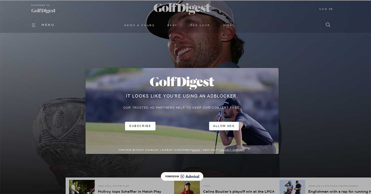 Golf Digest combination paywall to offer subscription or whitelist path