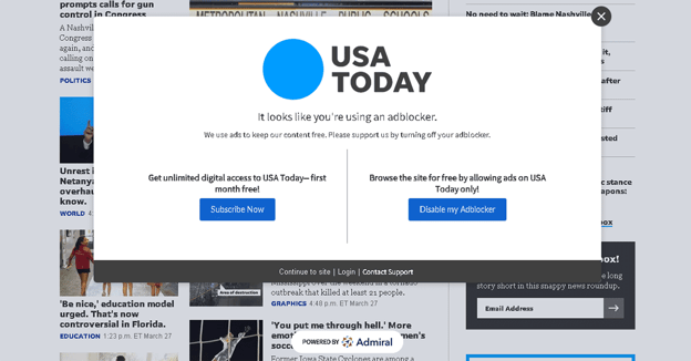USAToday paywall offers paid subscription or allowlist options