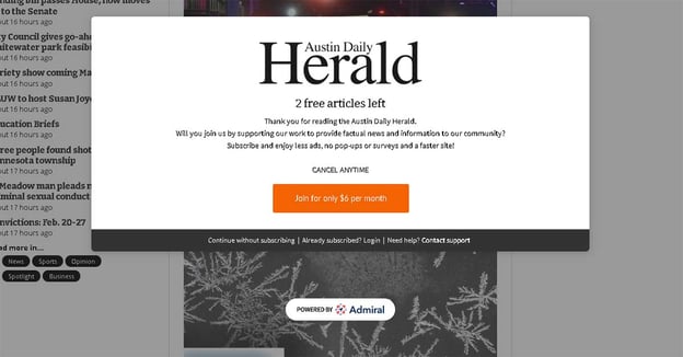 Austin Herald Paywall Subscription example