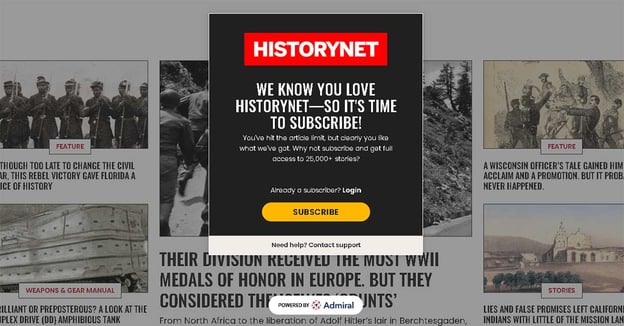 Historynet Subscription Paywall example