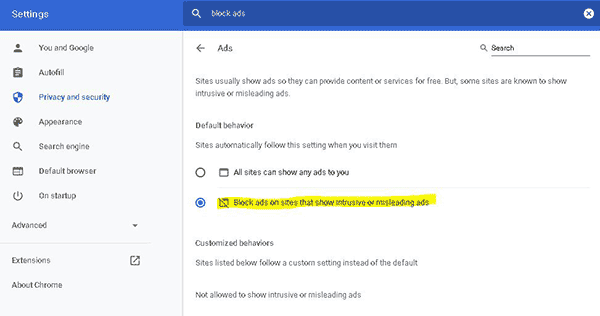 Chrome ad block filter setting