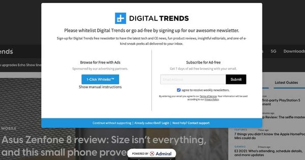 Ad-Free Subscription offer Digital Trends - Admiral VRM