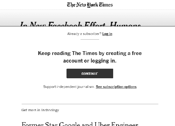 NYTimes registration wall page