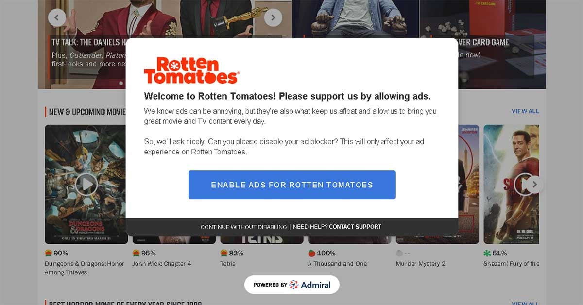 RottenTomatoes ask visitors to disable adblocking