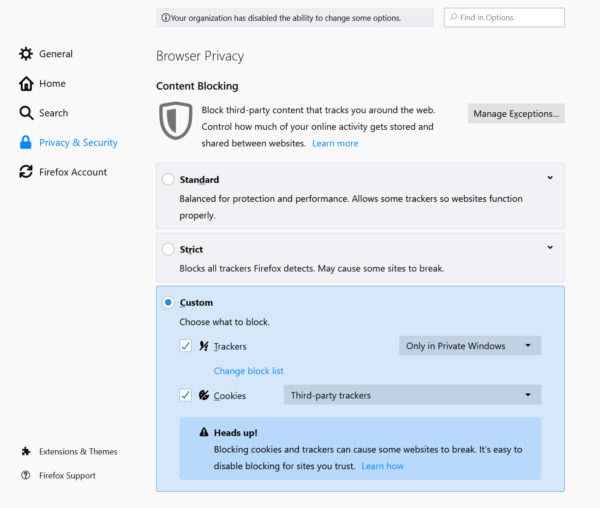 Firefox Enhanced Tracking Protection Settings