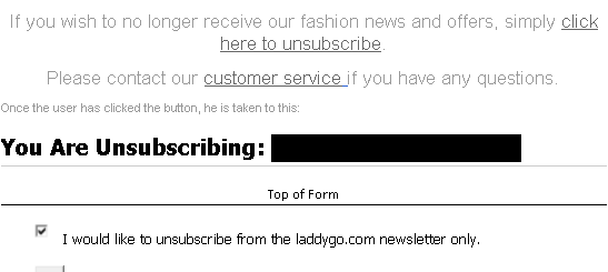 Example of email unsubscribe links and language